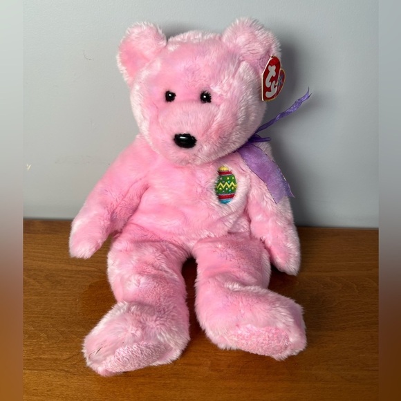 Ty Other - Ty Beanie Buddy “Eggs” Pink Easter Bear with Purple Ribbon 2001 Vintage Y2K